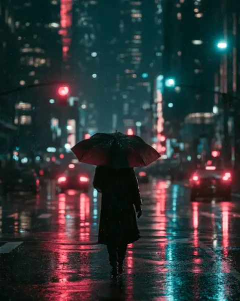 KI-generierte Noir-Straße bei Nacht im Regen